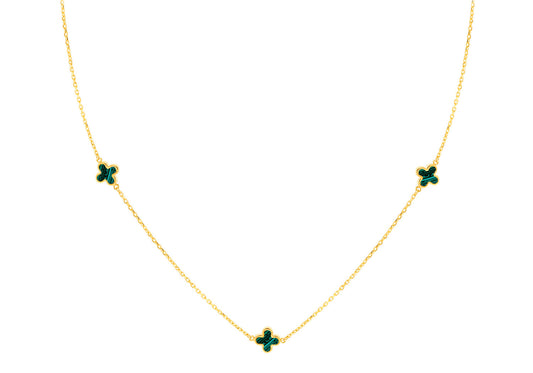 9K Yellow Gold 3 Malachite Petal Necklace 40-42.5 cm