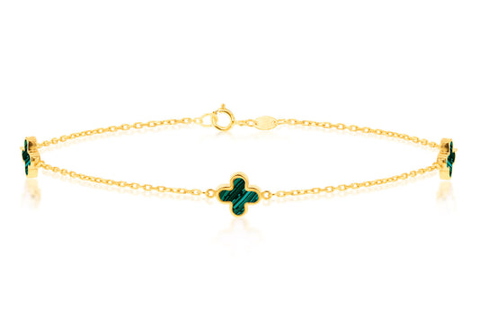 9K Yellow Gold 3 Malachite Petal Bracelet 19 cm