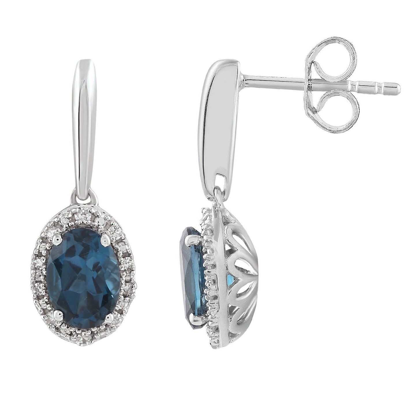 London Blue Topaz Earrings with 0.10ct Diamonds in 9K White Gold