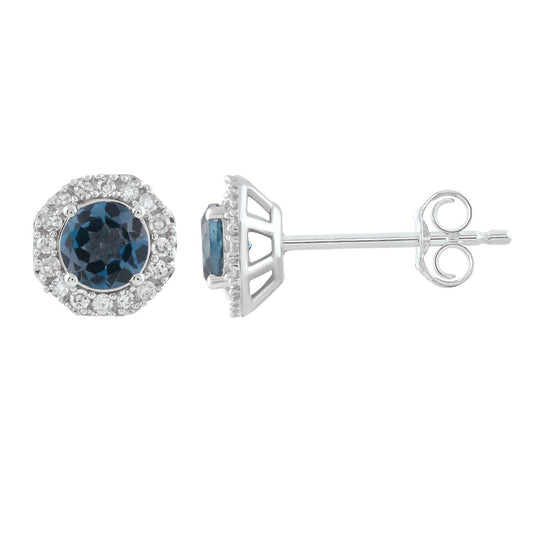 London Blue Topaz Earrings with 0.20ct Diamonds in 9K White Gold