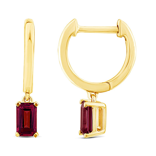 Emerald Cut Rhodolite Garnet Earrings in 9K Yellow Gold