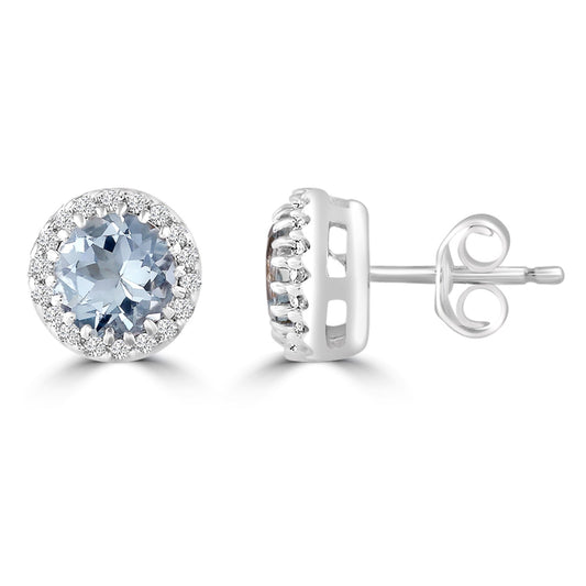 Aquamarine Stud Earrings with 0.05ct Diamond in 9K White Gold